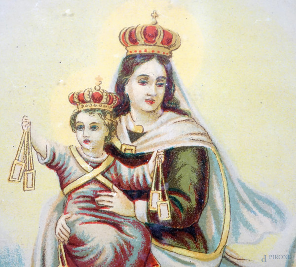 Madonna del Carmelo, oleografia, cm 26,5x19, entro cornice (difetti)