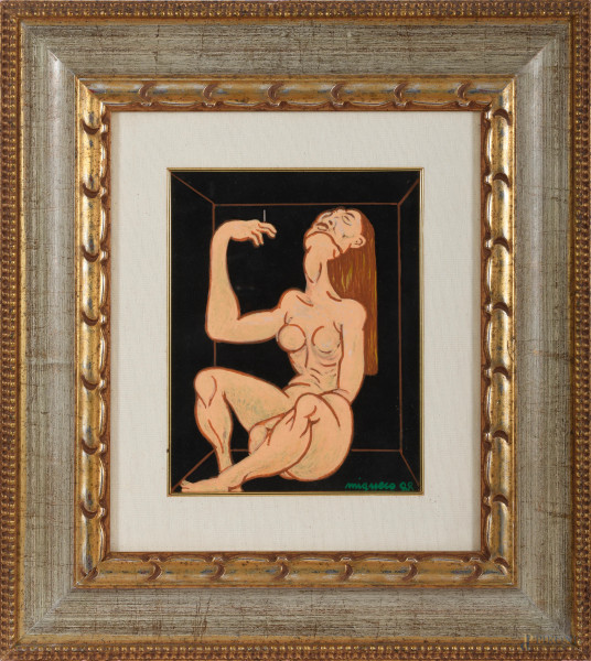 Giuseppe Migneco - Giuseppe Migneco, Nudo di donna, olio su tavola,  cm 29,5x23,5 entro cornice, firmato e datato 88 in basso a destra