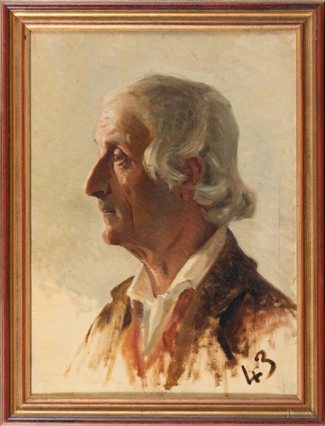 Ritratto di anziano, XX secolo, olio su tela, cm 57x41,5, iscritto in basso a destra, entro cornice