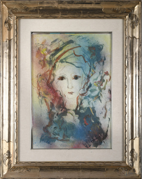 Ernesto Treccani (Milano, 1920 – Milano, 2009), Volto di donna, acrilico su tela, cm 50x35, entro cornice