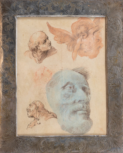 Studio di volti, XIX-XX secolo, stampa ritoccata a tecnica mista su carta applicata su cartoncino, cm 24x18, entro cornice, (segni di usura, foxing, gore, tracce di umidità, segni di piegatura)