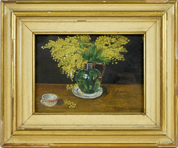Vaso con mimose, olio su tavola, cm 13x18, firmato, entro cornice, (piccola caduta di colore)