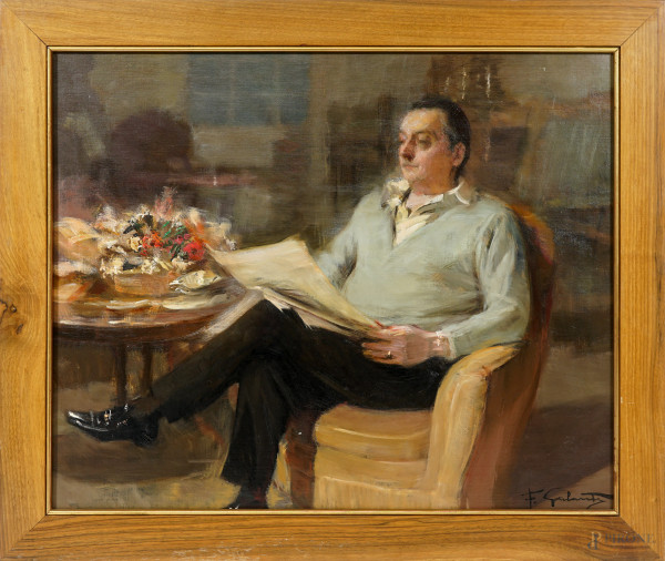 Francesco Galante (1884-1972), In lettura, olio su tela, cm 50x60, entro cornice