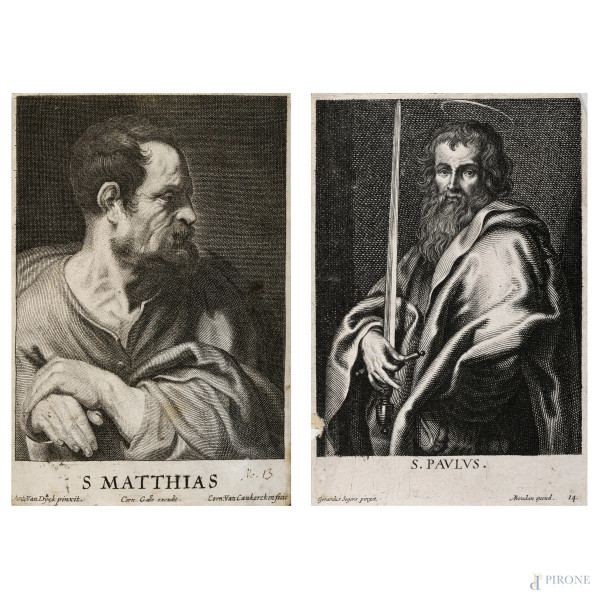 Lotto di due incisioni raffiguranti San Mattia e San Paolo da dipinti di Van Dyck e Boudan, XVIII secolo, misure massime cm 17x11,5, (segni di usura, lacerazioni, difetti)