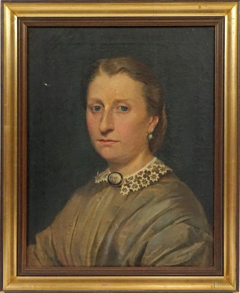 Pittore del XIX secolo, Ritratto di donna con colletto ricamato e spilla, olio su tela, cm 54x41, entro cornice, (difetto sulla tela).