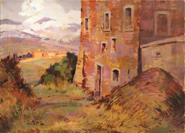 Angiolo Volpe - Paesaggio umbro, olio su tela, cm 50 x 70.