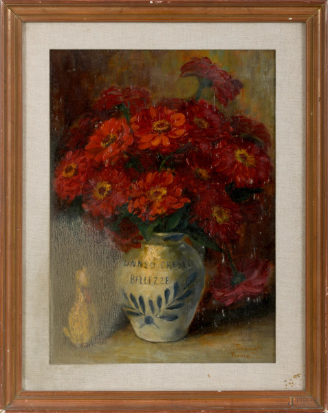 Vaso di fiori, olio su compensato, cm 43,5x31,5 entro cornice, firmato in basso a destra, (difetti)