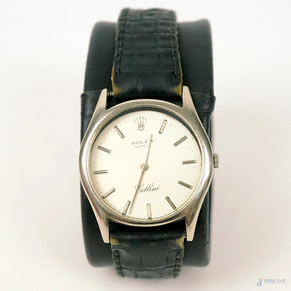 Rolex Cellini, Orologio da polso anni '80, cassa in oro bianco 18 kt, con cinturino in pelle nera, lunghezza cm 23, (difetti, meccanismo da revisionare)