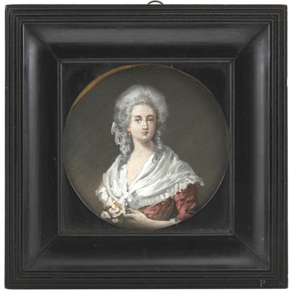 Miniatura raffigurante dama, XX secolo, entro cornice, misure complessive cm 17x17, (segni di usura)