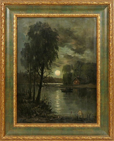 Paesaggio al chiaro di luna, olio su tela, firmato e datato in basso a sinistra, cm 42x32, entro cornice