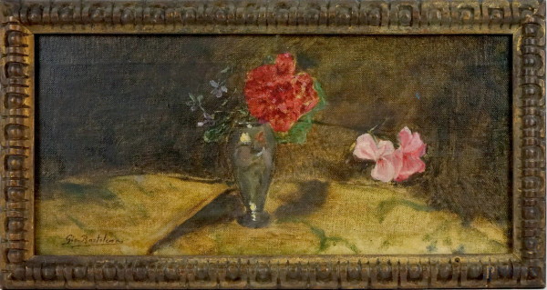 Vaso con fiori, olio su tela, cm 25x53, firmato, entro cornice.