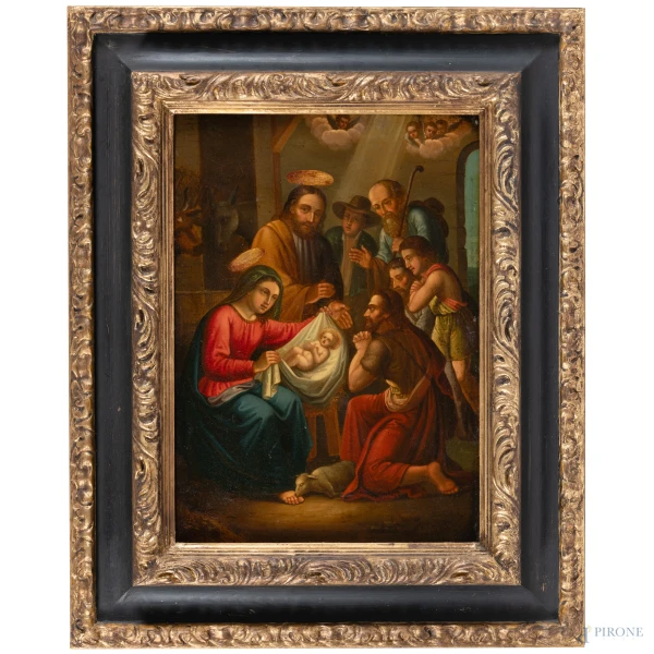 Natività, XX secolo, olio su rame, cm 48x34, entro cornice