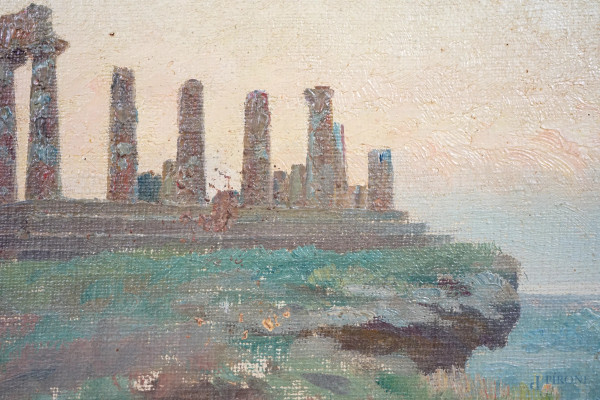 Tempio di Selinunte, olio su tela, firmato in basso a destra M. Mirabella, cm 26,5x52,2, entro co...