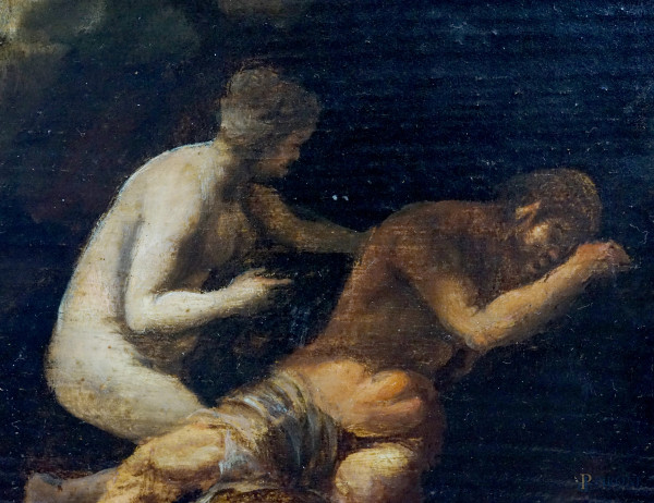 Seguace di Cornelis van Poelenburgh (Utrecht 1590 - 1667), Paesaggio con fauni e ninfe, olio su t...