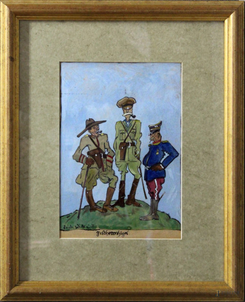 Caricatura rappresentante militari, tecnica mista su carta, 35x24 cm, entro cornice firmato e datato.