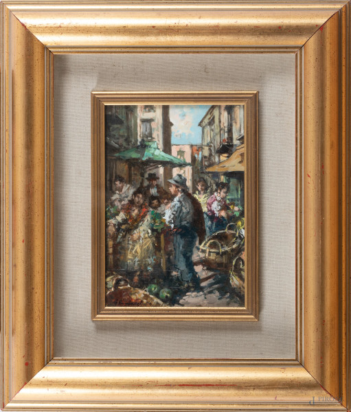 Al mercato, XX secolo, olio su compensato, cm 22,5x16, firmato in basso a sinistra, entro cornice
