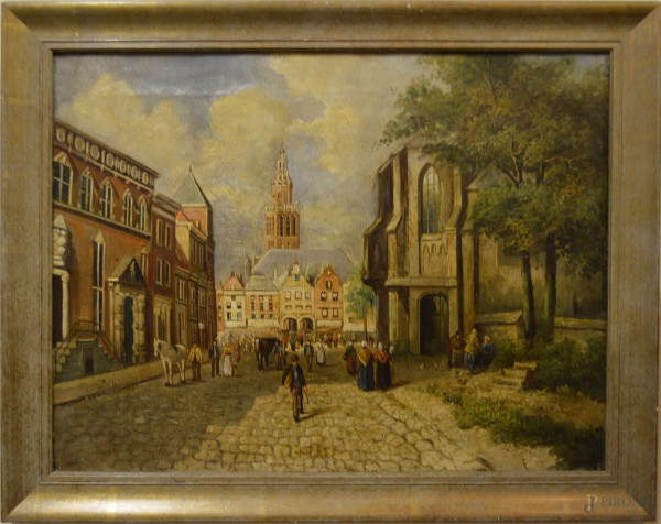 Scorcio di città nordica, olio su tela 56x43 cm, inizi XX sec°, entro cornice.