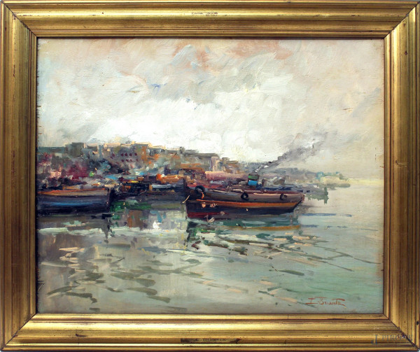 Marina con barche, olio su tavola, cm 40x50, firmato, entro cornice.