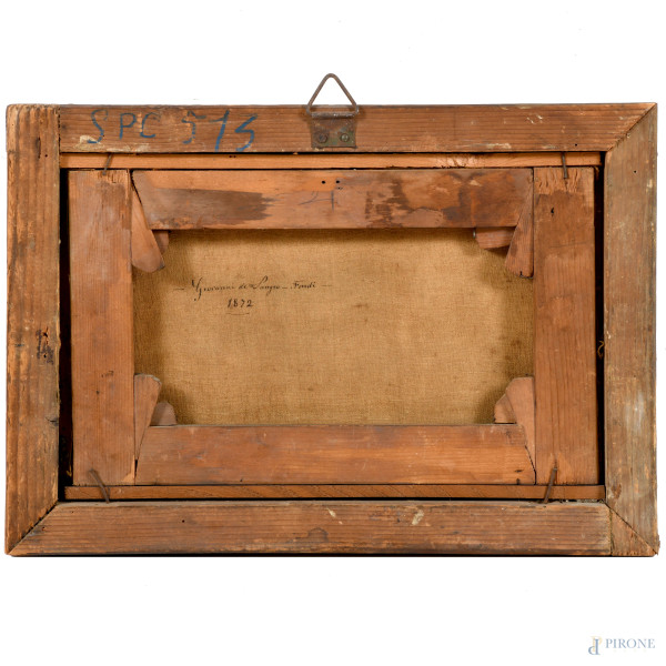 Nella stalla, XIX secolo, olio su tela, cm 18x29,5, firmato e datato "Fondi 1872" al retro, entro...