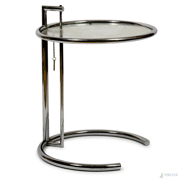 Tavolino circolare in acciaio e vetro Eileen Gray , XX secolo, cm 54,5x51, (difetti)