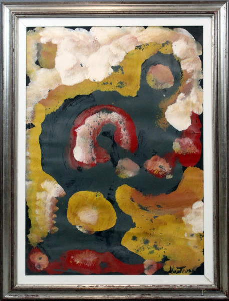 Composizione, acrilico su cartoncino, firmato Montevago, cm 48x68, entro cornice