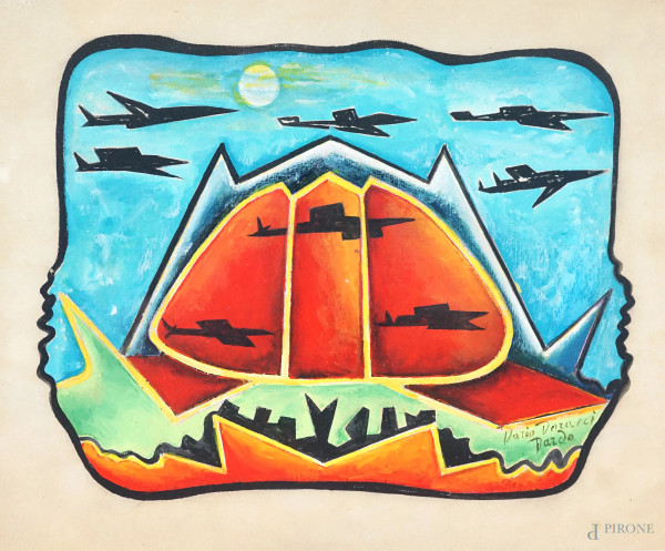 Dario Doracci "Dardo", Sfida futurista al chiaro di luna "garantisce Marinetti", olio su cartone ...