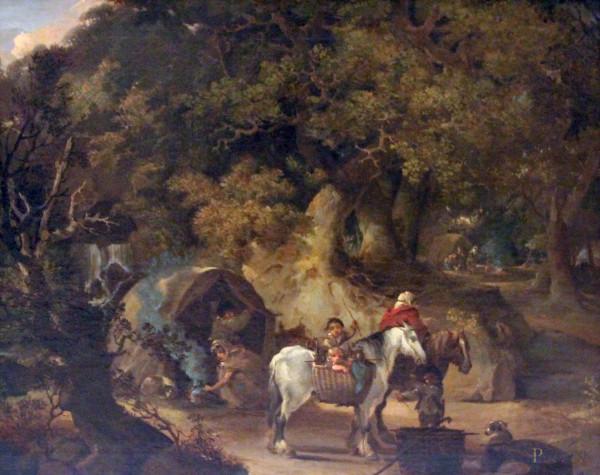 Paesaggio con cavallo e figure, olio su tela, cm 58x50 cm, entro cornice