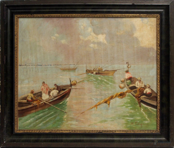Riccardo Pellegrini - Marina con barche e pescatori, dipinto olio su tela, cm. 42x52, entro cornice.