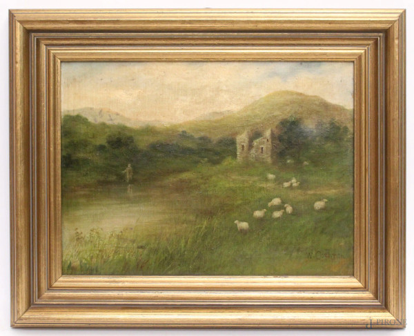 Paesaggio con castello e gregge, olio su tela, cm 40 x 30, Londra, 1897, firmato William Cochran, entro cornice.
