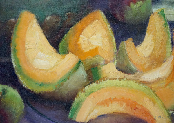 Natura morta di luglio, olio su tela, firmato e datato in basso a sinistra, cm 100x90, entro corn...
