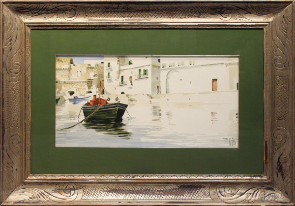 Aldo Riso - Porto di Puglia, acquarello su carta, cm 35 x 68, entro cornice.
