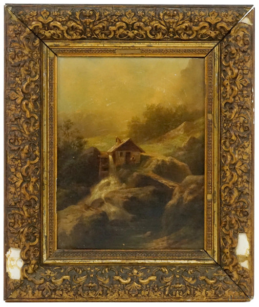 Paesaggio con ponte, olio su tela, cm 25x21, inizi XX secolo, entro cornice.