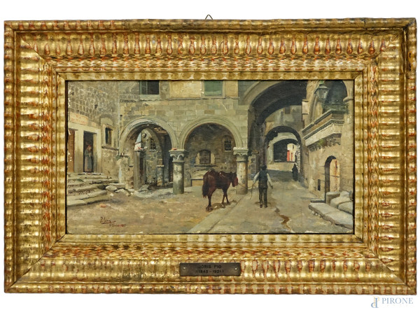 Pio Joris (1843-1921) attr.a, Via del Pellegrino - Viterbo, olio su tela, cm 18,5x34, entro cornice.