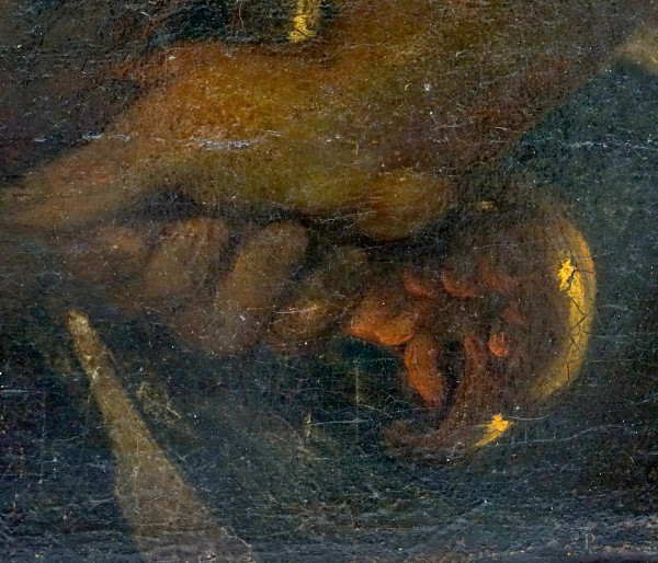 Pittore del XVII secolo, Ritratto in veste di Davide con la testa di Golia, olio su tela, cm 101x...