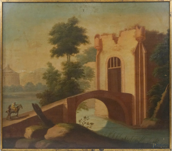 Pittore attivo alla fine del XVIII secolo, Paesaggio con ponte e viandanti, olio su tela, cm 110x125