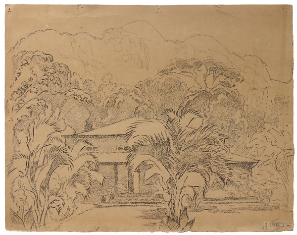 Artista francese del XIX secolo, Giardino con palme e casale, carboncino su carta, cm 42x33, siglato in basso a destra, iscrizioni al retro, con cornice, provenienza collezione romana