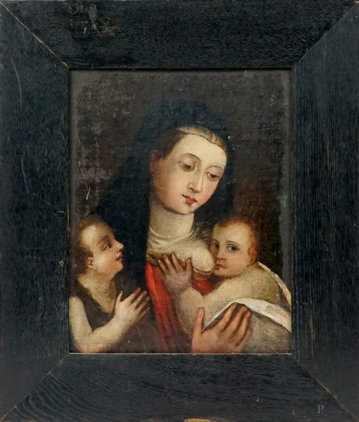 Pittore del XVIII secolo, Madonna del latte, olio su tela applicata su tavola, cm 33x25,5, entro cornice, (lievi difetti)