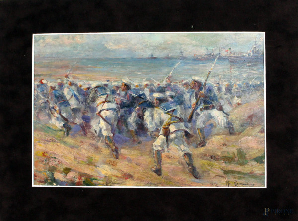 Scena di battaglia, olio su cartone, cm 20,5x31, firmato M. Cammarano