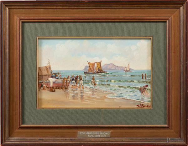 Leon Giuseppe Buono (1888-1976), Sulla riva, olio su tavoletta, cm 26x37, compreso passepartout, firmato in basso, entro cornice