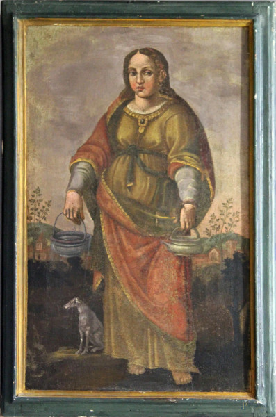 Santa con cagnolino, olio su tela raffigurante Santa Margherita da Cortona, Scuola italiana, fine XVII sec., cm 54 x 87.
