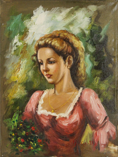 Ritratto di fanciulla, dipinto ad olio su tela firmato, cm 30 x 40, entro cornice.