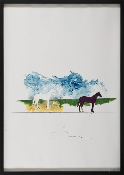 Mario Schifano - Senza Titolo, tecnica mista su carta, cm 100x70 entro cornice, firmato al centro