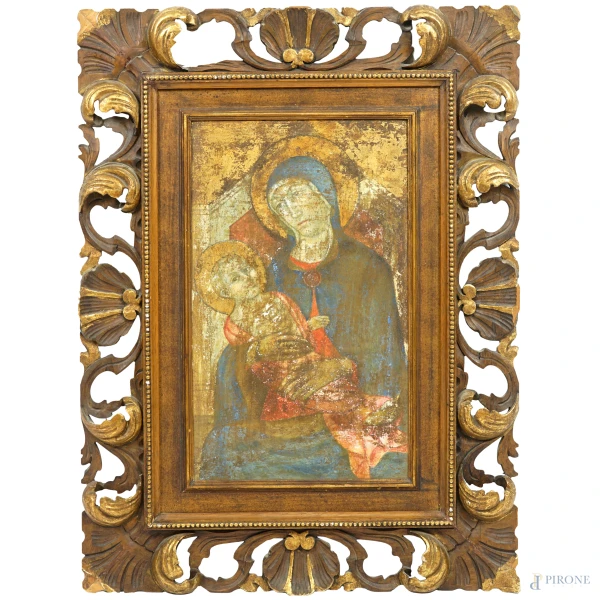 Anonimo del XX secolo, Madonna con Bambino, olio su tavola, cm 50x31, entro cornice