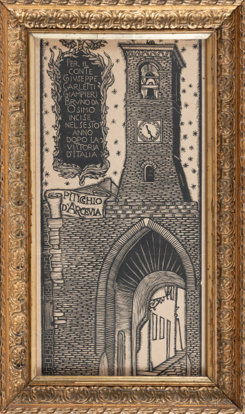 Bruno da Osimo (1888-1962), Piticchio d'Arcevia, xilografia su carta, cm 28x14, entro cornice, (lievi segni di usura e segni di piegatura)