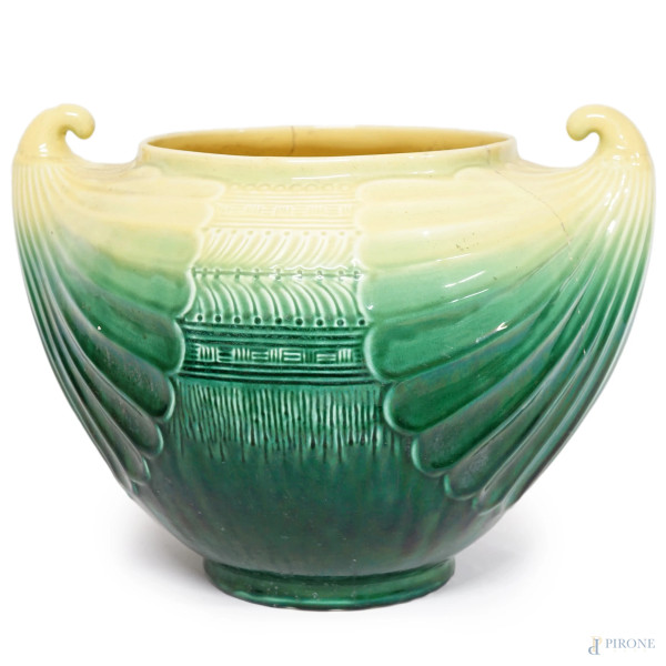 Cachepot in ceramica Art Nouveau in verde e giallo, probabile manifattura SCI Laveno, primo XX secolo, altezza cm 27 (difetti)