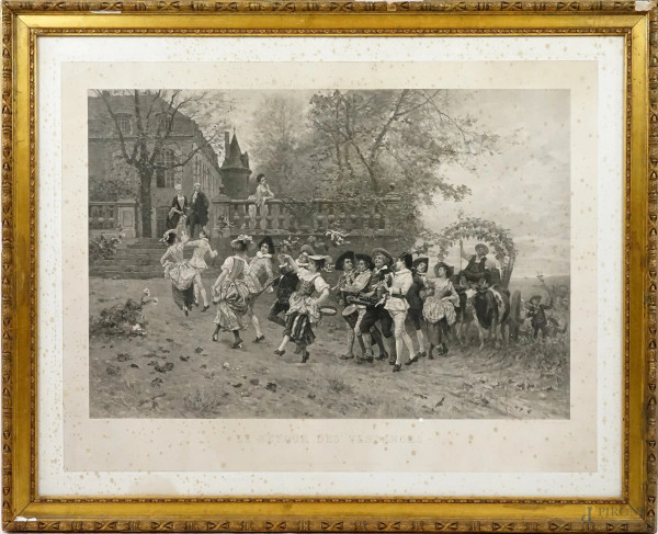 Le retour des vendanges, stampa su carta, cm 70x90, da Charles Edouard Delort (Nimes, 1841 - Parigi, 1895), entro cornice, (difetti sulla carta)
