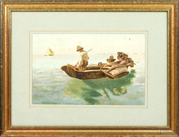 Pescatorello, acquerello su carta, XX secolo, cm 28x37, entro cornice