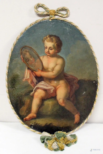 Pittore del XVIII sec., Putto con specchio, olio su carta riportato su truciolato ad assetto ovale, cm 54x41.