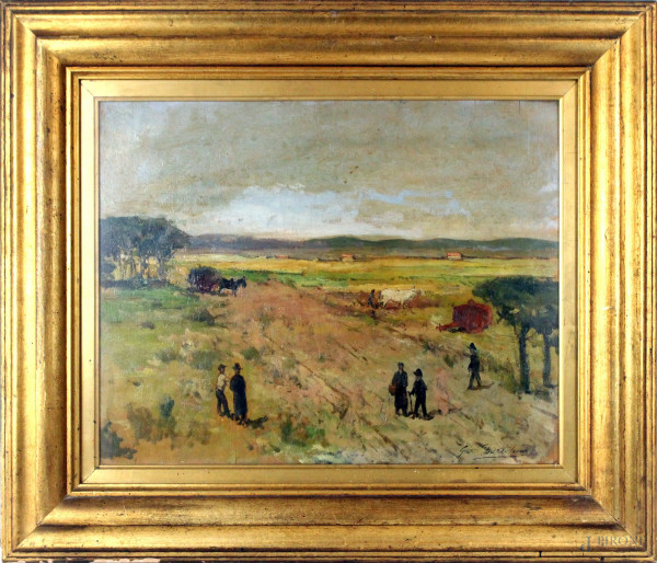 Giovanni Bartolena - Paesaggio rurale con contadini e viandanti, olio su tavola, cm 39x49, entro cornice