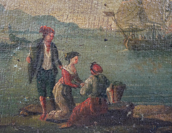 Veduta costiera con capriccio architettonico e figure, olio su tela riportata su cartone, cm 32,5...
